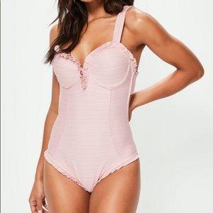 Missguided Pink Textured Frill Swimsuit
